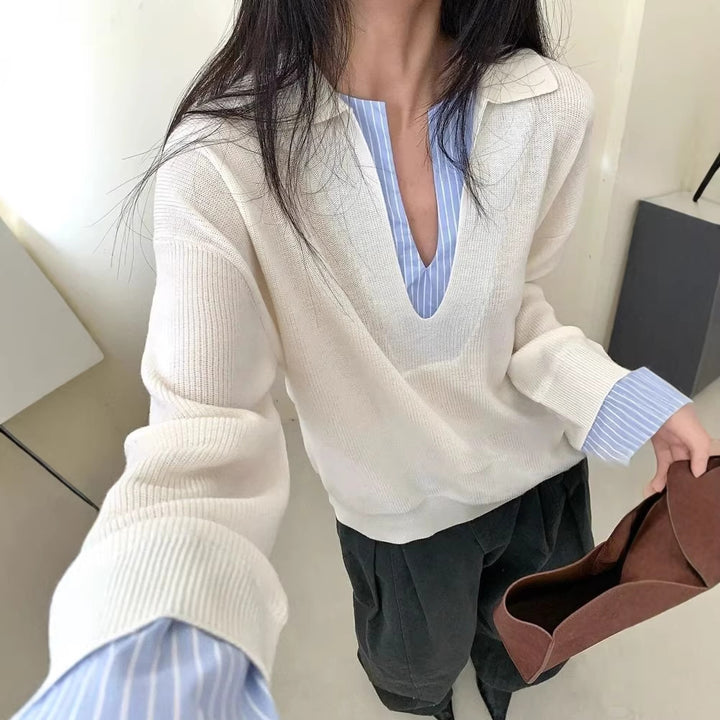 Damen Eleganter Pullover mit eingesetztem Hemdkragen Drune