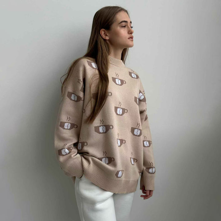 Damen Gemusterter Strickpullover mit Kaffeetassen-Motiv und angenehmem Sitz Drune