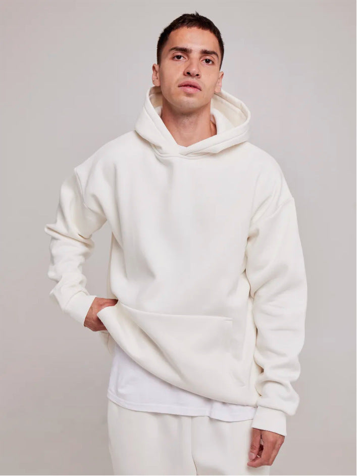 Herren nan schwerer Fleece-Boxy-Hoodie mit tiefem Schulterfall verstärkter Kapuze und Kängurutasche Drune
