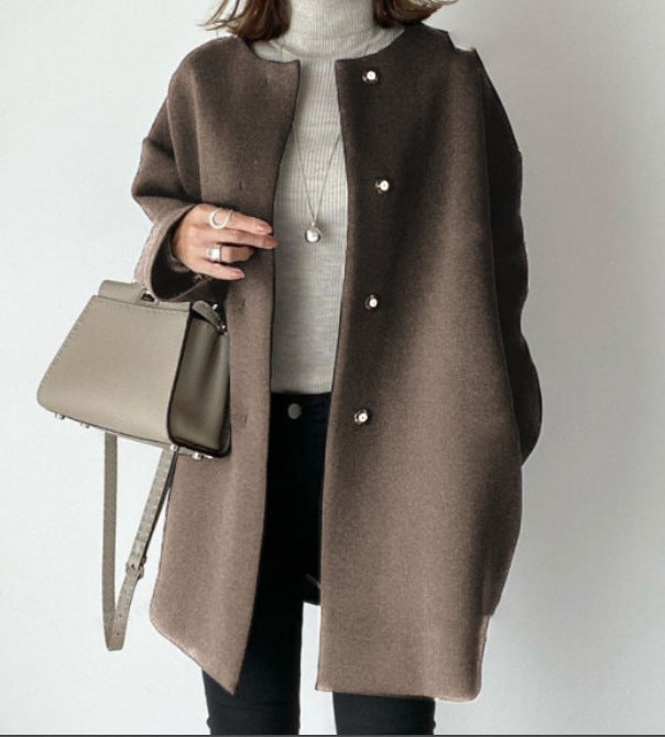 Damen Eleganter Oversized Wollmantel mit Doppelknopf-Verschluss und seitlichen Taschen Drune