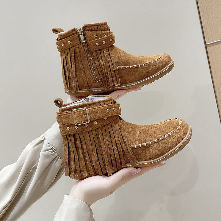 Damen nan Fransen-Ankleboot im Mokassinstil mit Ziernieten, Schnallenriemen und seitlichem Reißverschluss Drune