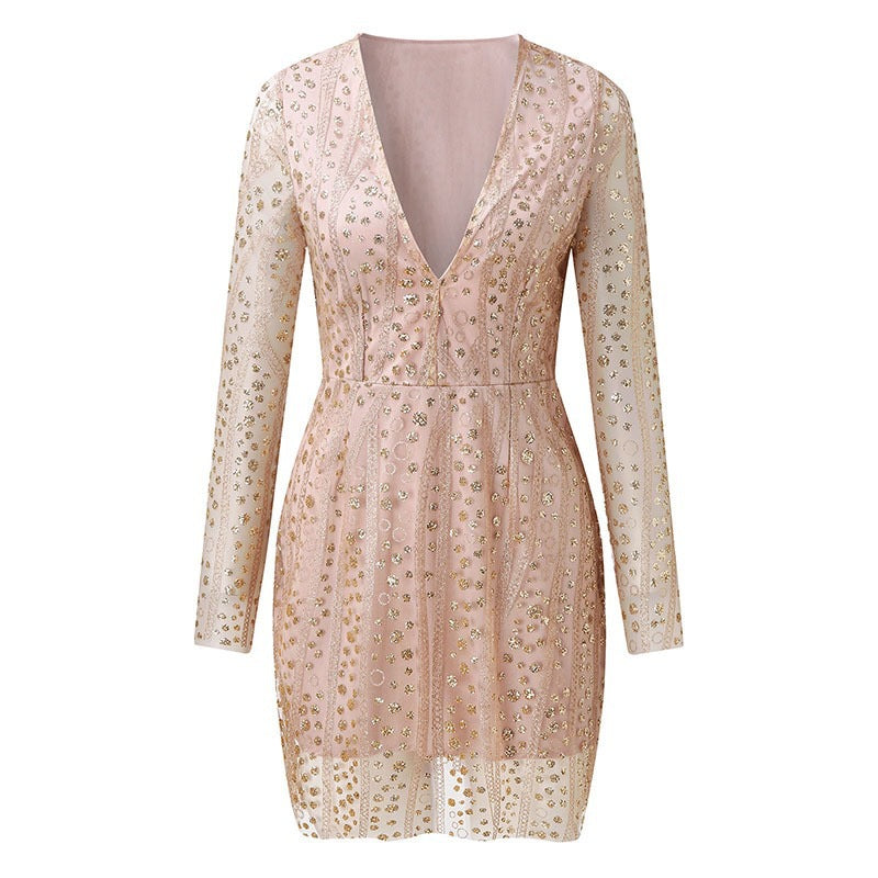 Damen Elegantes Cocktailkleid mit tiefem V-Ausschnitt und funkelnden Pailletten Drune