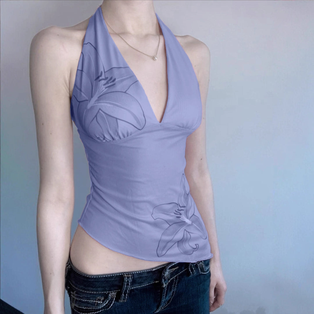 Damen Neckholder Oberteil mit floralem Design und asymmetrischem Schnitt Drune