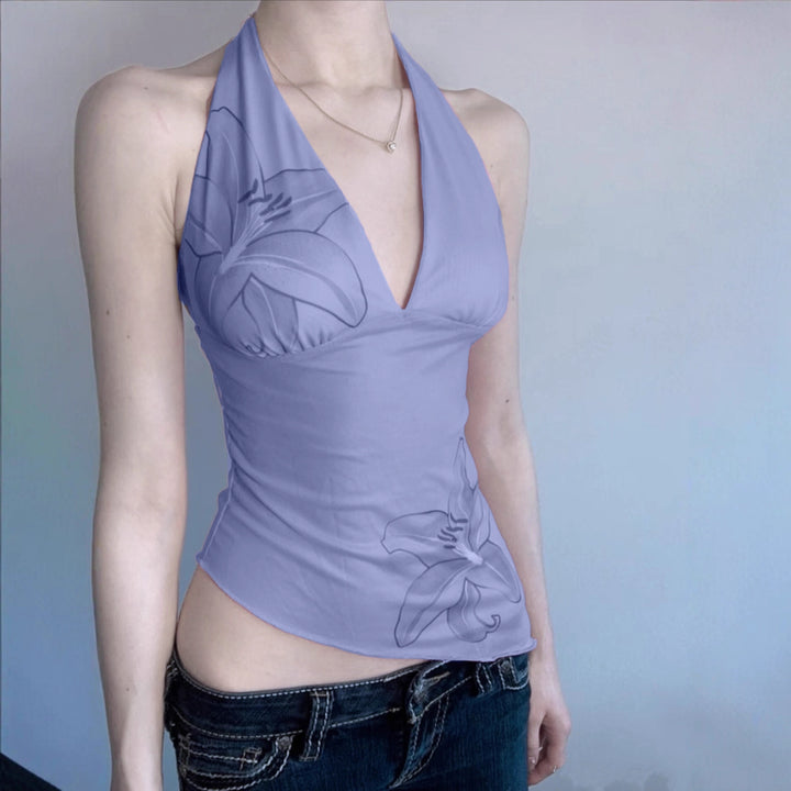 Damen Neckholder Oberteil mit floralem Design und asymmetrischem Schnitt Drune