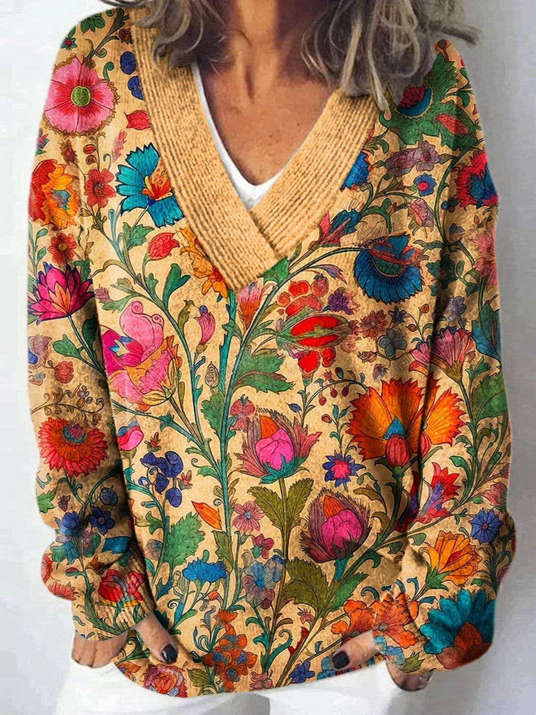 Damen V-Ausschnitt Pullover mit floralem Muster und lässigem Schnitt Drune