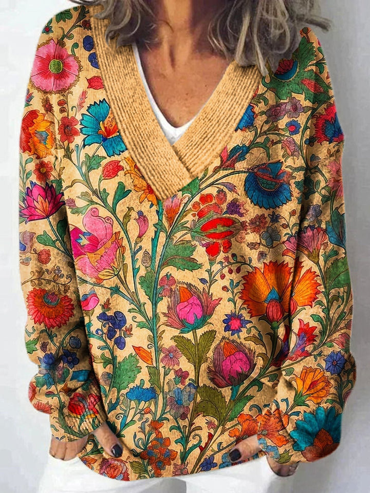 Damen V-Ausschnitt Pullover mit floralem Muster und lässigem Schnitt Drune
