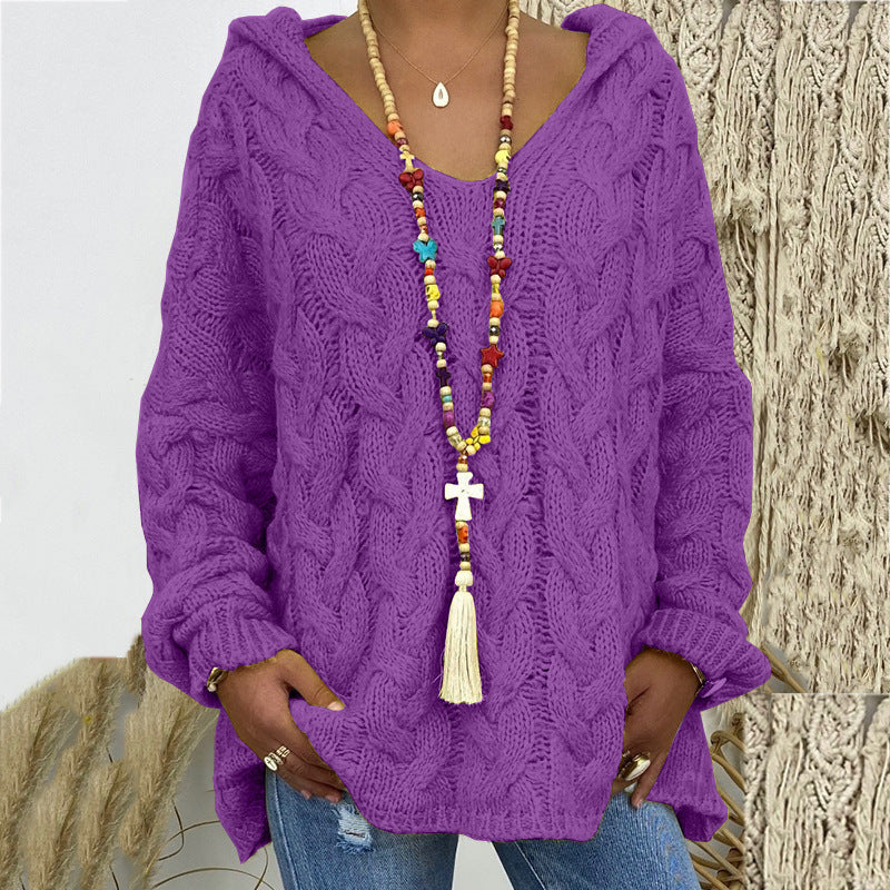Damen nan oversized Kapuzenpullover mit Zopfmuster, tiefem V-Ausschnitt und seitlichen Schlitzen Drune
