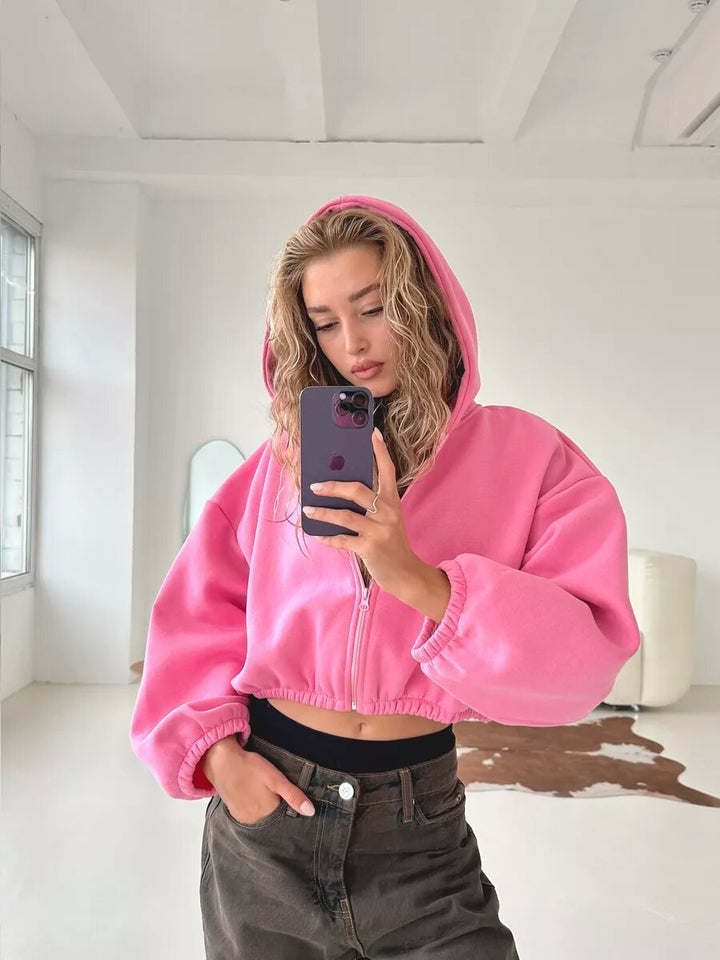 Damen nan oversized Kapuzenjacke kurz geschnitten mit elastischem Saum und Ballonärmeln Drune
