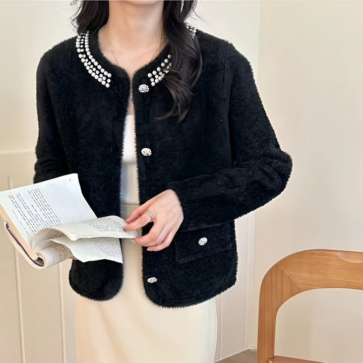 Damen Flauschige Strickjacke mit dekorativen Perlen Drune