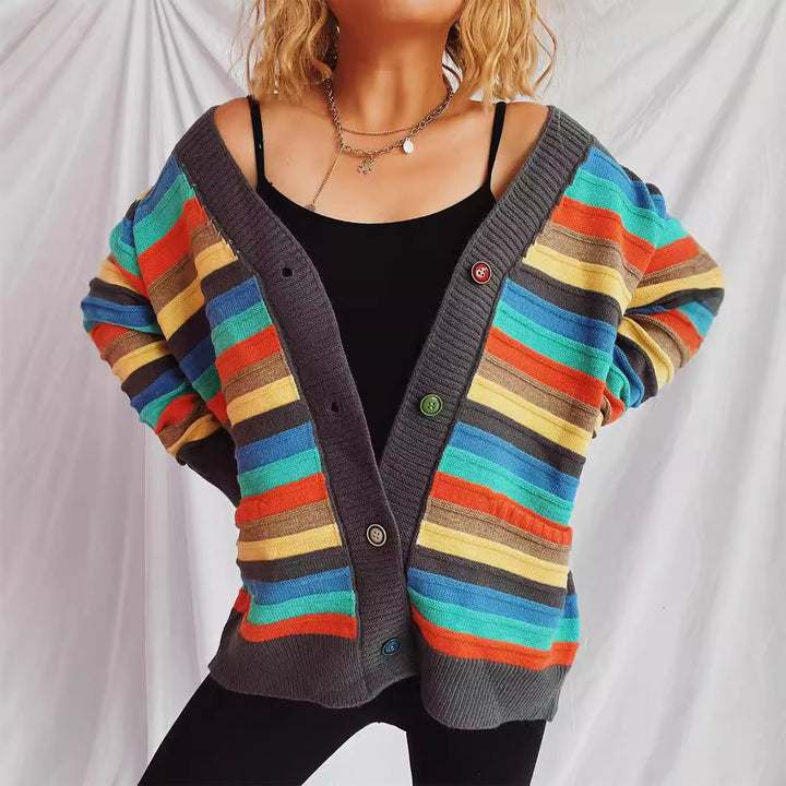 Damen Strickjacke mit buntem Streifenmuster und knöpfbarem Design Drune
