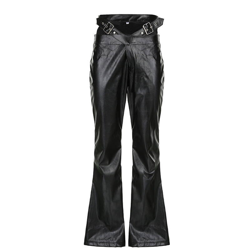Damen Modische Kunstleder Flared Hose mit verstellbarem Bund Drune