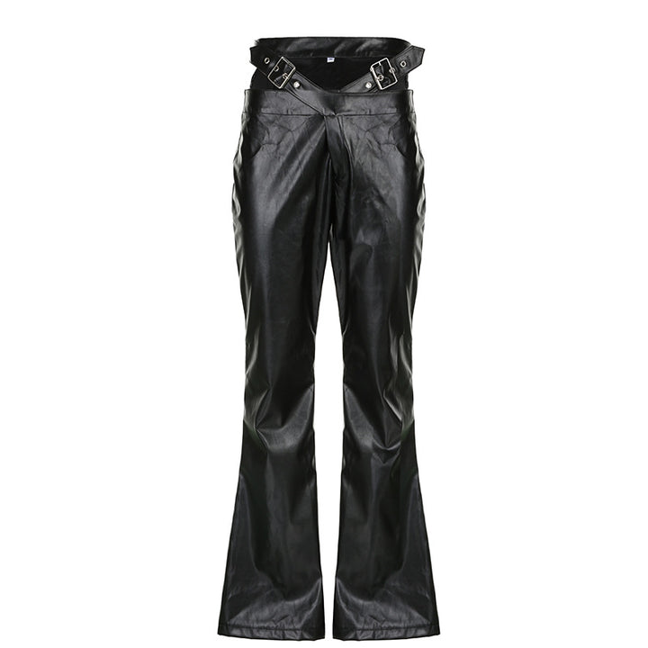 Damen Modische Kunstleder Flared Hose mit verstellbarem Bund Drune