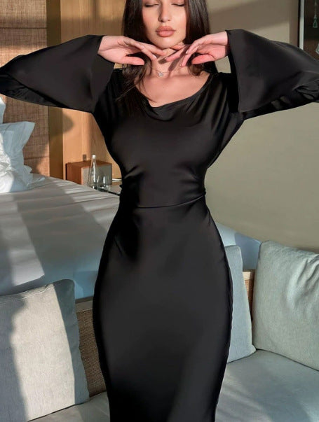 Damen elegantes langärmliges Satin-Maxi-Kleid mit weiten Ärmeln Drune