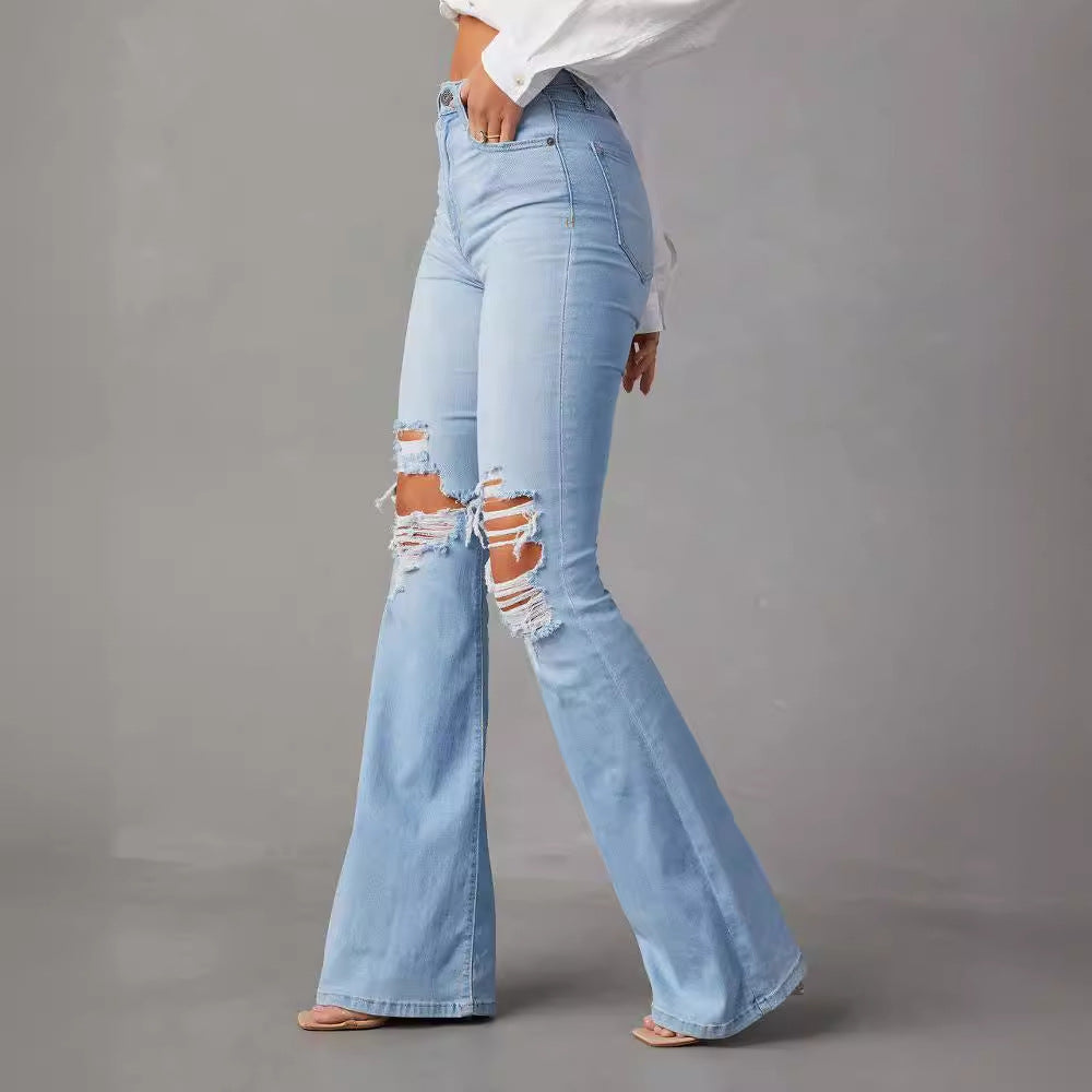 Damen Flared Jeans mit modischen Destroyed-Details und hohem Bund Drune