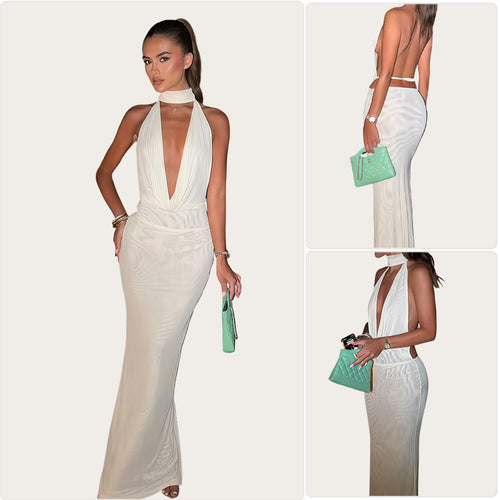 Damen Elegantes Maxikleid mit tiefem Wasserfall-Ausschnitt und schmalem Schnitt Drune