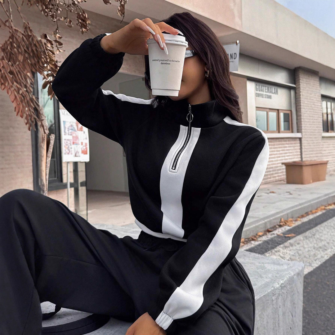 Damen lässiger Hoodie mit halbem Reißverschluss und weiten Jogginghose Drune