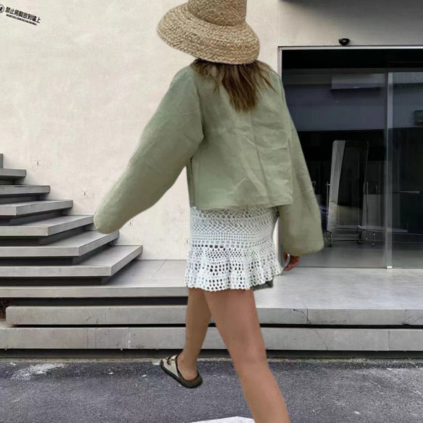 Damen kurzärmlige Jacke mit lässigem Bindegürtel Drune