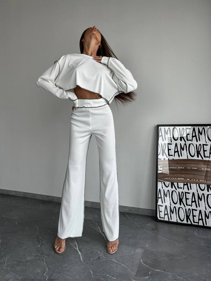 Damen lässiges Lounge-Set mit cropped Oberteil und weiter Hose Drune