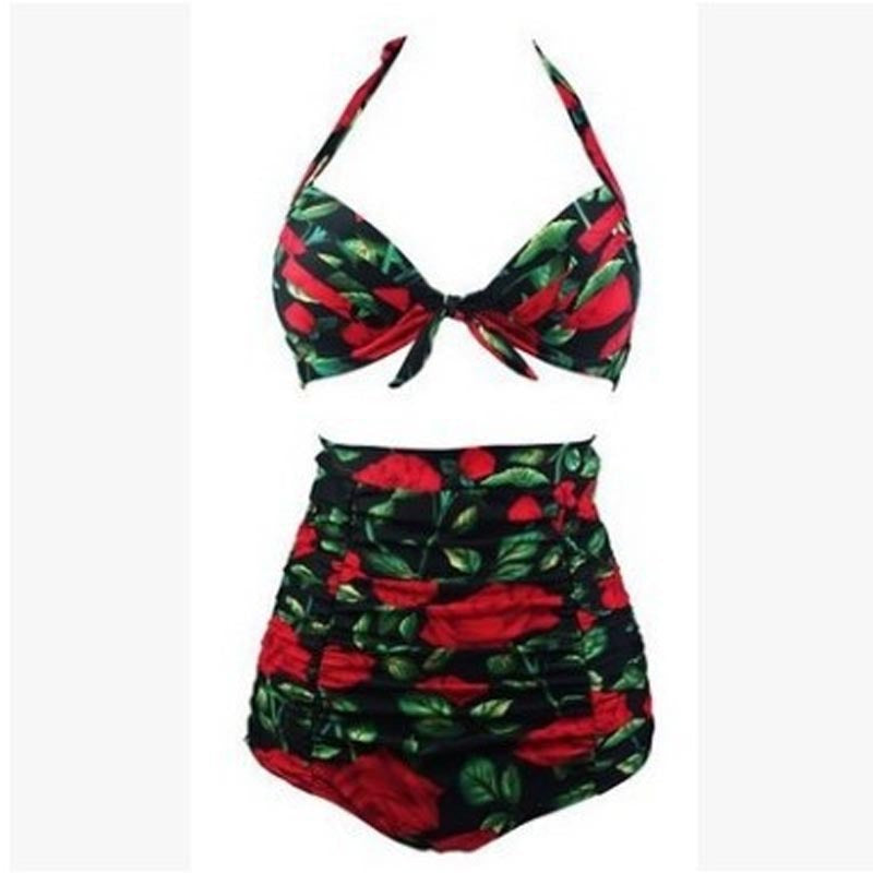 Damen Hoch tailliertes Bikini-Set mit floralem Design und Raffungen Drune