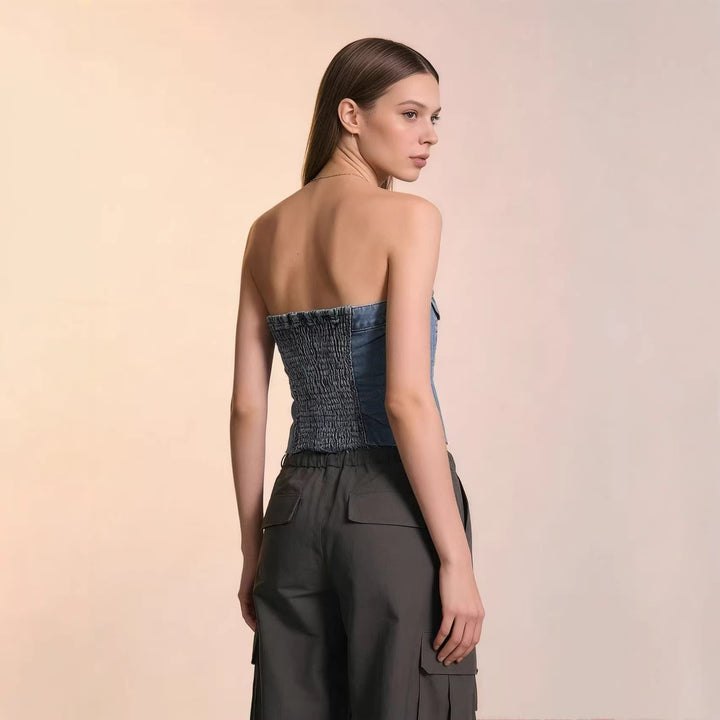 Damen Denim Bustier-Top mit Knopfdetail und Fransen Drune