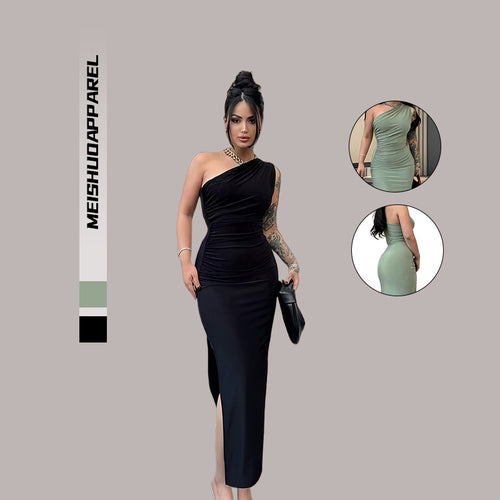 Damen Elegantes One-Shoulder-Maxikleid mit figurbetontem Schnitt und seitlichem Schlitz Drune