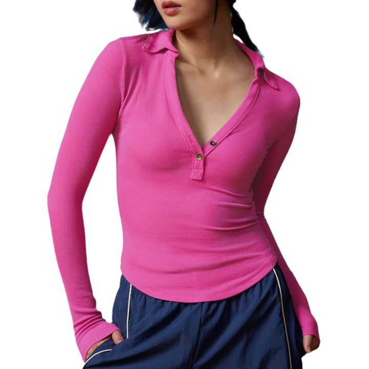 Damen Langarmshirt mit modischem Kragen und Knopfleiste Drune