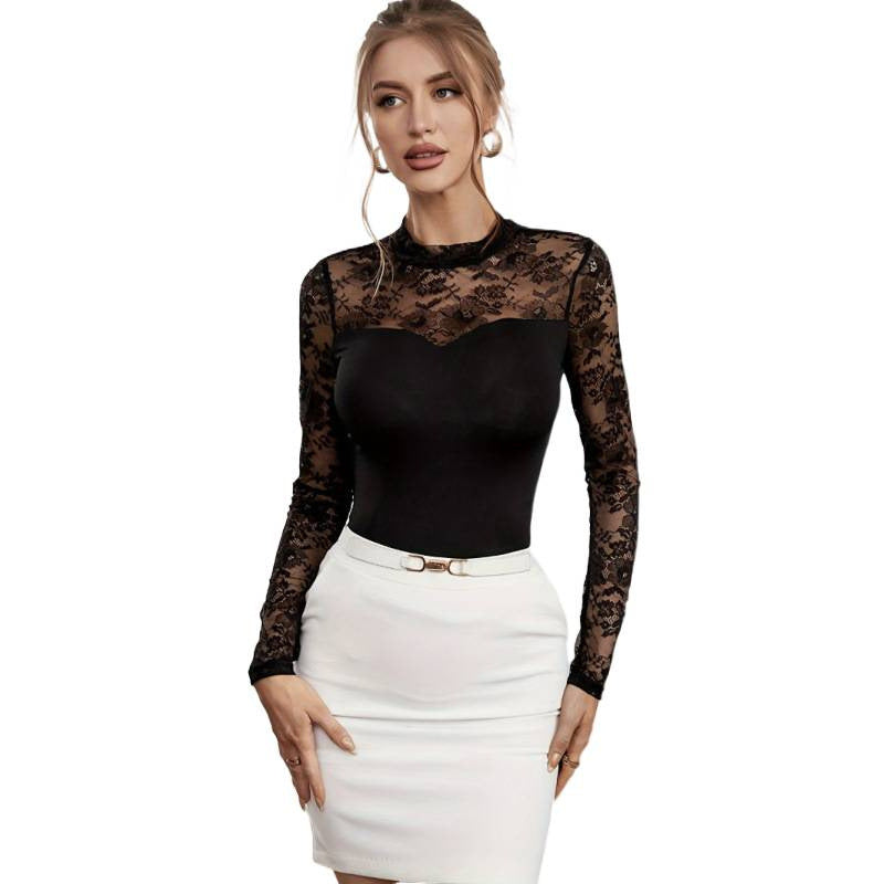 Damen Langarm-Spitzenoberteil mit raffiniertem Herz-Ausschnitt und transparenter Eleganz Drune