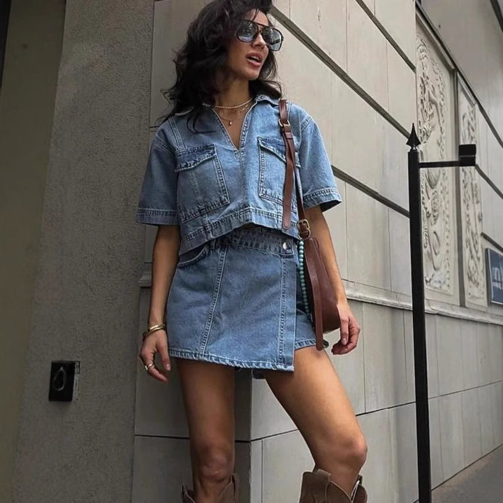 Damen modisches Denim-Kurzoberteil und Rock Set Drune