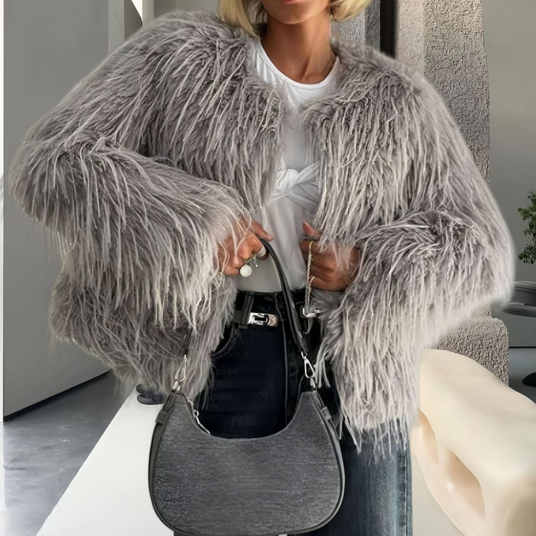 Damen Modische Kunstpelzjacke mit voluminösen Ärmeln Drune