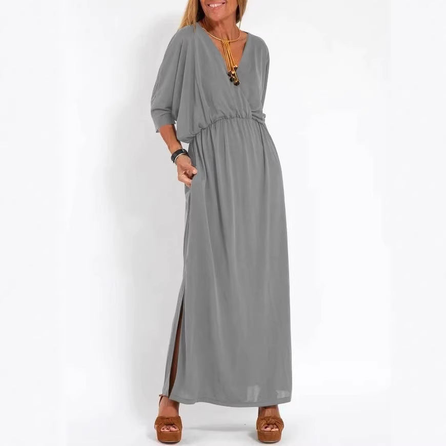 Damen elegantes Maxikleid mit seitlichem Schlitz und flexiblem Taillenbund Drune