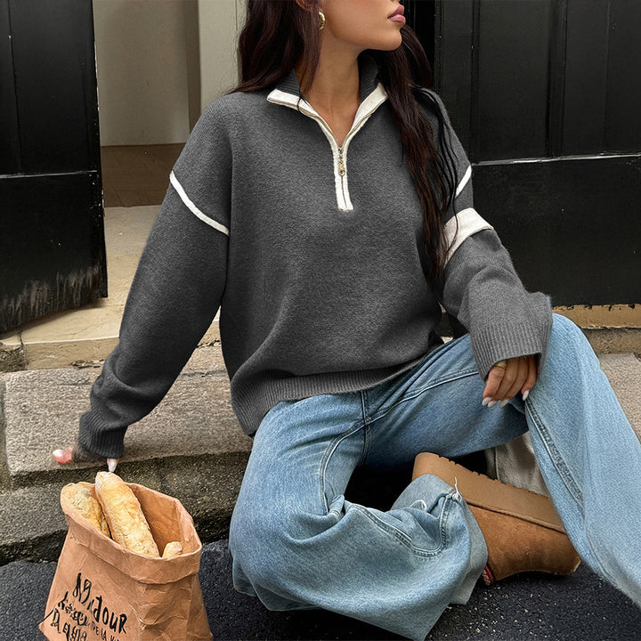 Damen Sportlicher Pullover mit halbem Reißverschluss und langen Ärmeln Drune