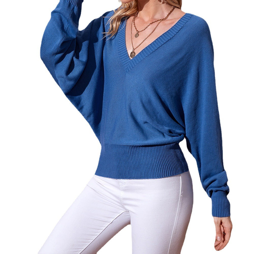 Damen V-Ausschnitt Strickpullover mit weitem Schnitt und gekräuselten Ärmeln Drune