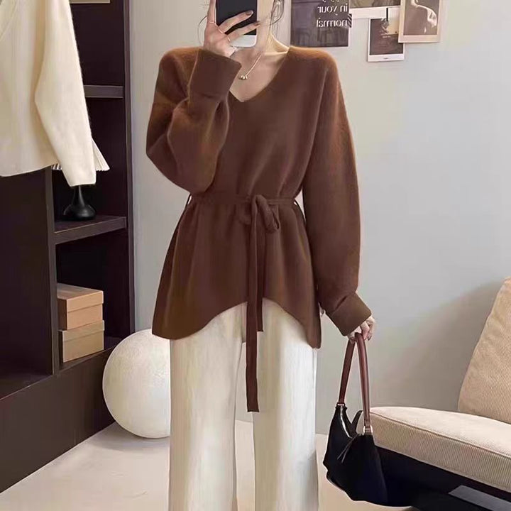 Damen Strickjacke mit elegantem V-Ausschnitt und Taillengürtel Drune