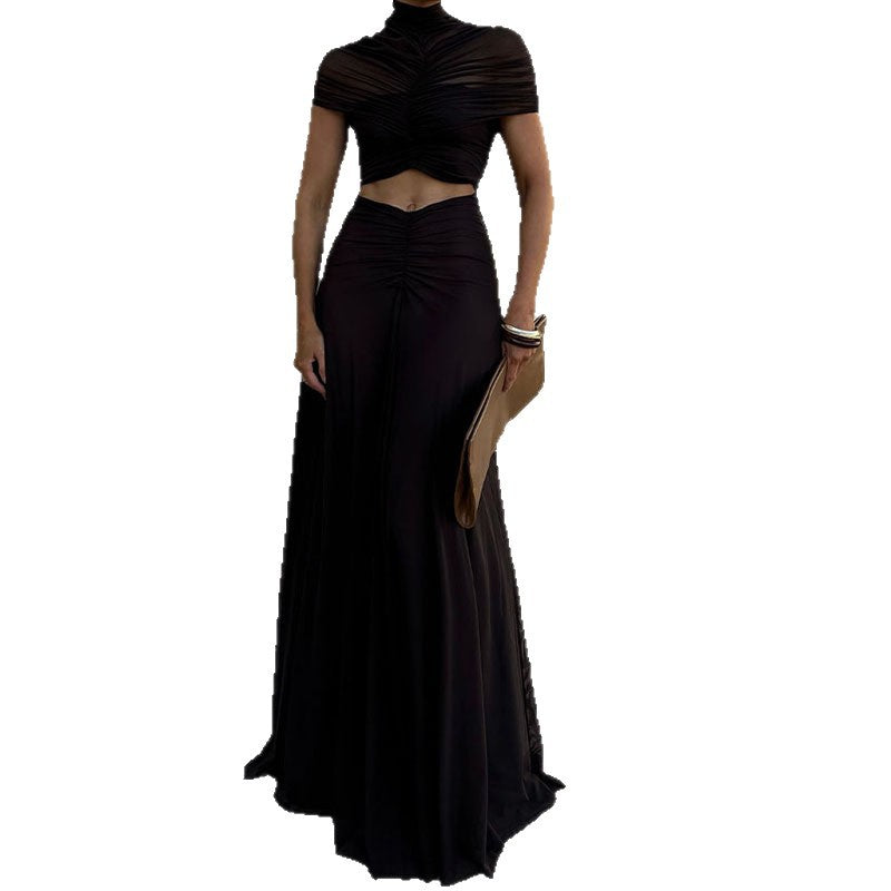 Damen Elegantes Maxikleid mit Raffungen und durchsichtigem Oberteil Drune