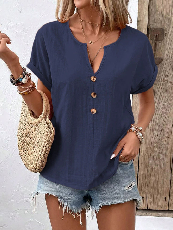 Damen Kurzarm Bluse mit Knopfleiste und lässigem Schnitt Drune