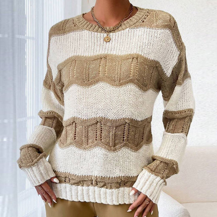 Damen lässiger Strickpullover mit Wellenstruktur und langen Ärmeln Drune