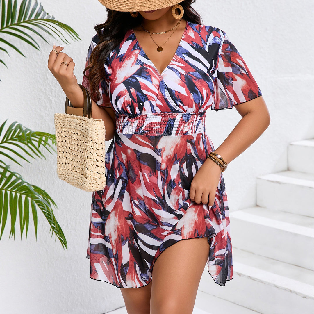 Damen Fließendes Strandkleid mit V-Ausschnitt und modischem Gummizug Drune