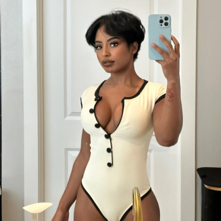Damen Modischer Body mit Knopfdetails Drune