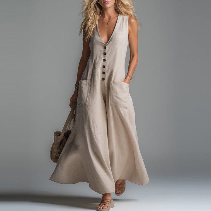 Damen eleganter Jumpsuit mit tiefem V-Ausschnitt und praktischen Taschen Drune