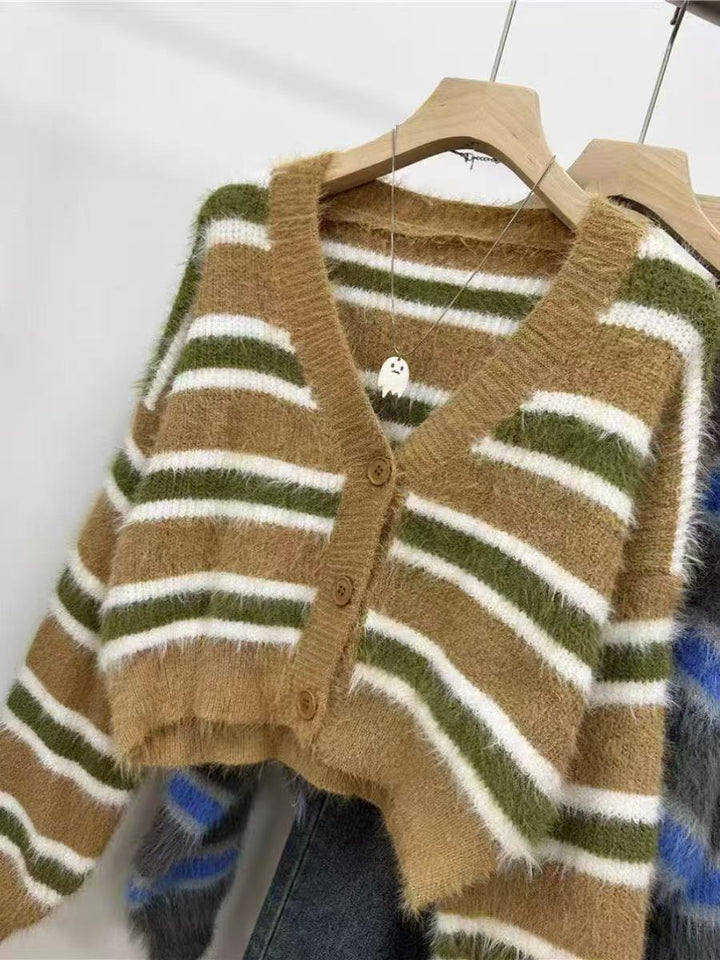 Damen lässiger Crop-Cardigan mit strukturiertem Streifenmuster und Knopfdetails Drune