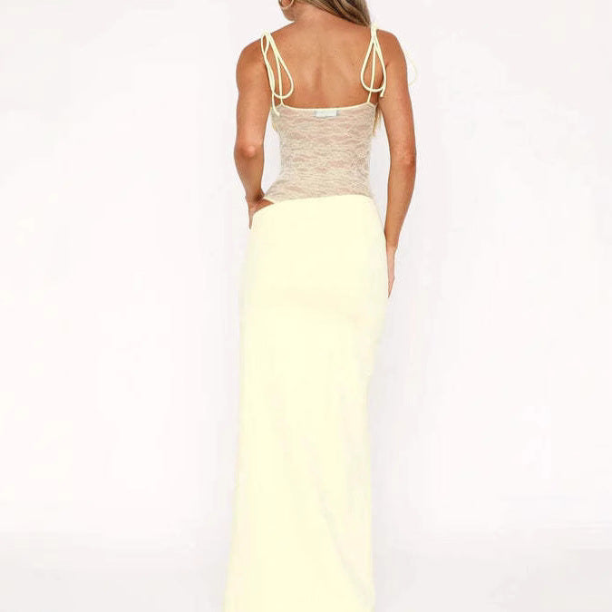 Damen nan Bandeau-Maxikleid mit transparentem Spitzenkorsett und knotbaren Spaghettiträgern Drune