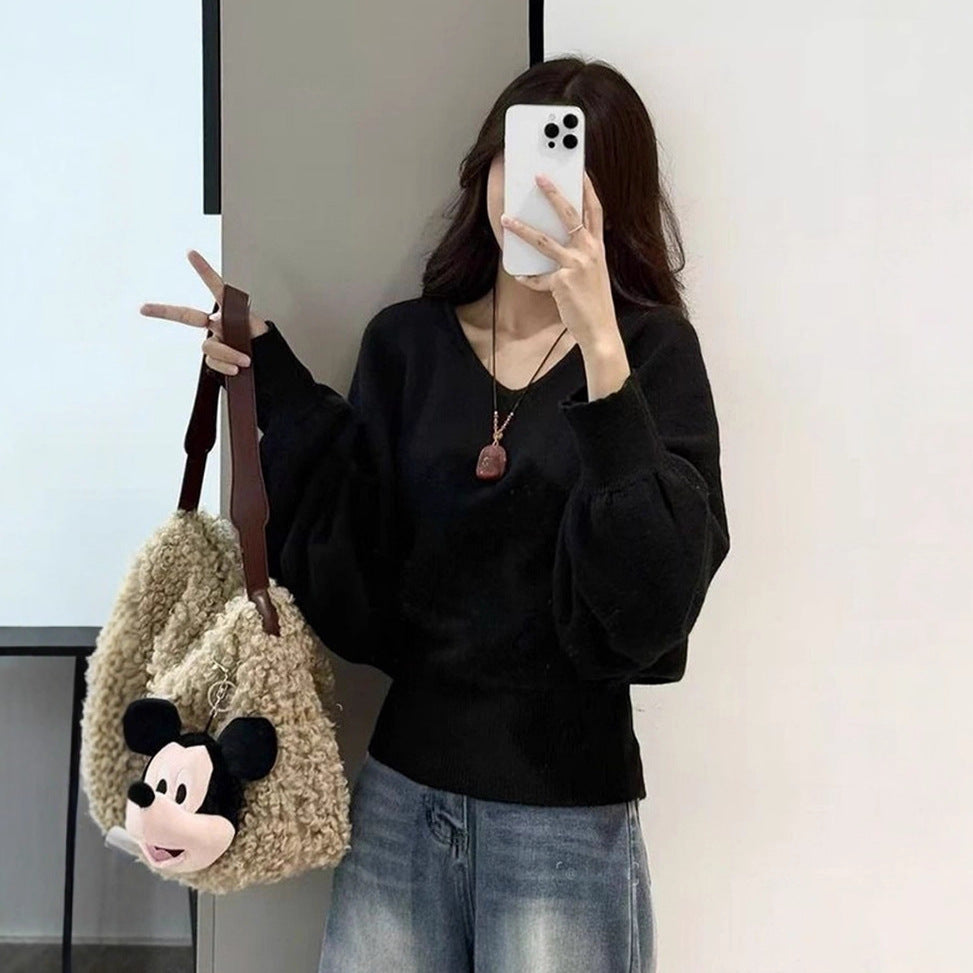 Damen Moderner Pullover mit V-Ausschnitt und wählbarem Bindegürtel Drune