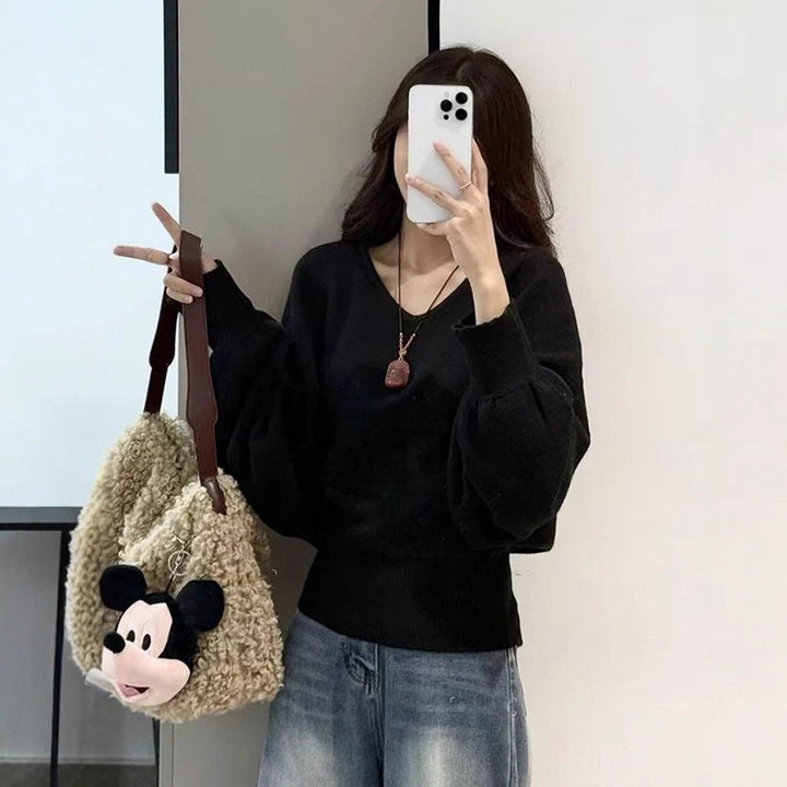 Damen Moderner Pullover mit V-Ausschnitt und wählbarem Bindegürtel Drune