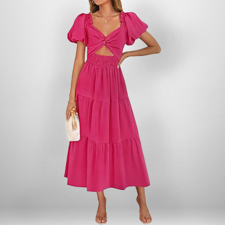 Damen Midi-Kleid mit floralem Twist und elastischem Taillengummi Drune