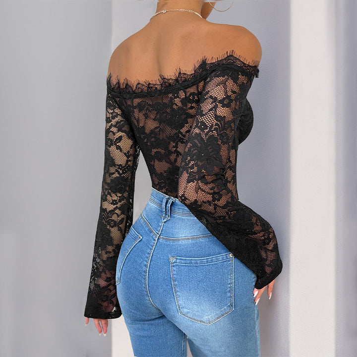 Damen Spitzenbody mit Off-Shoulder-Ausschnitt und langen Ärmeln Drune