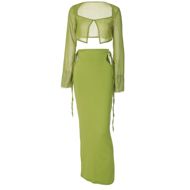 Damen Transparentes Set mit Crop-Top und Maxirock Drune