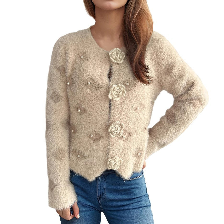 Damen feine Strickjacke mit Blumenapplikationen und Perlenakzenten Drune