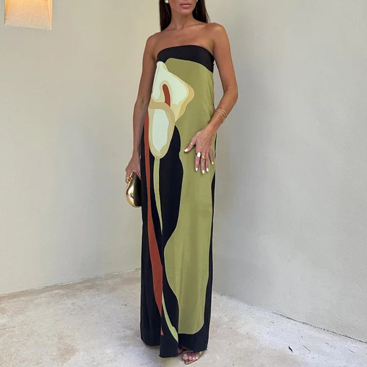 Damen Abendkleid mit elegantem drapiertem Oberteil und künstlerischem Print Drune