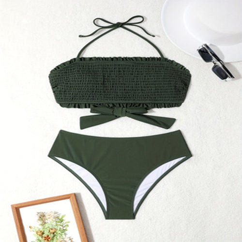 Damen Bandeau-Bikini mit Rüschendetails und hohem Bund Drune