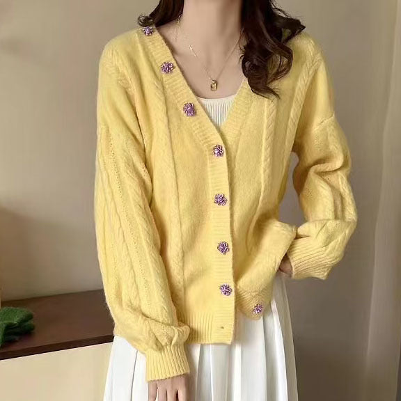 Damen Strickjacke mit dekorativen Knöpfen und Zopfmuster Drune